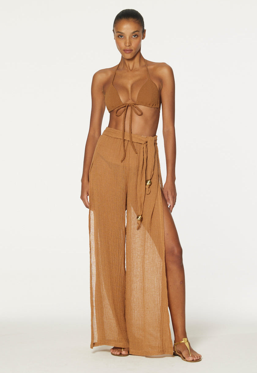 THE WIDE LEG OPEN-SIDE PANT in CARAMEL SORRENTO GAUZE