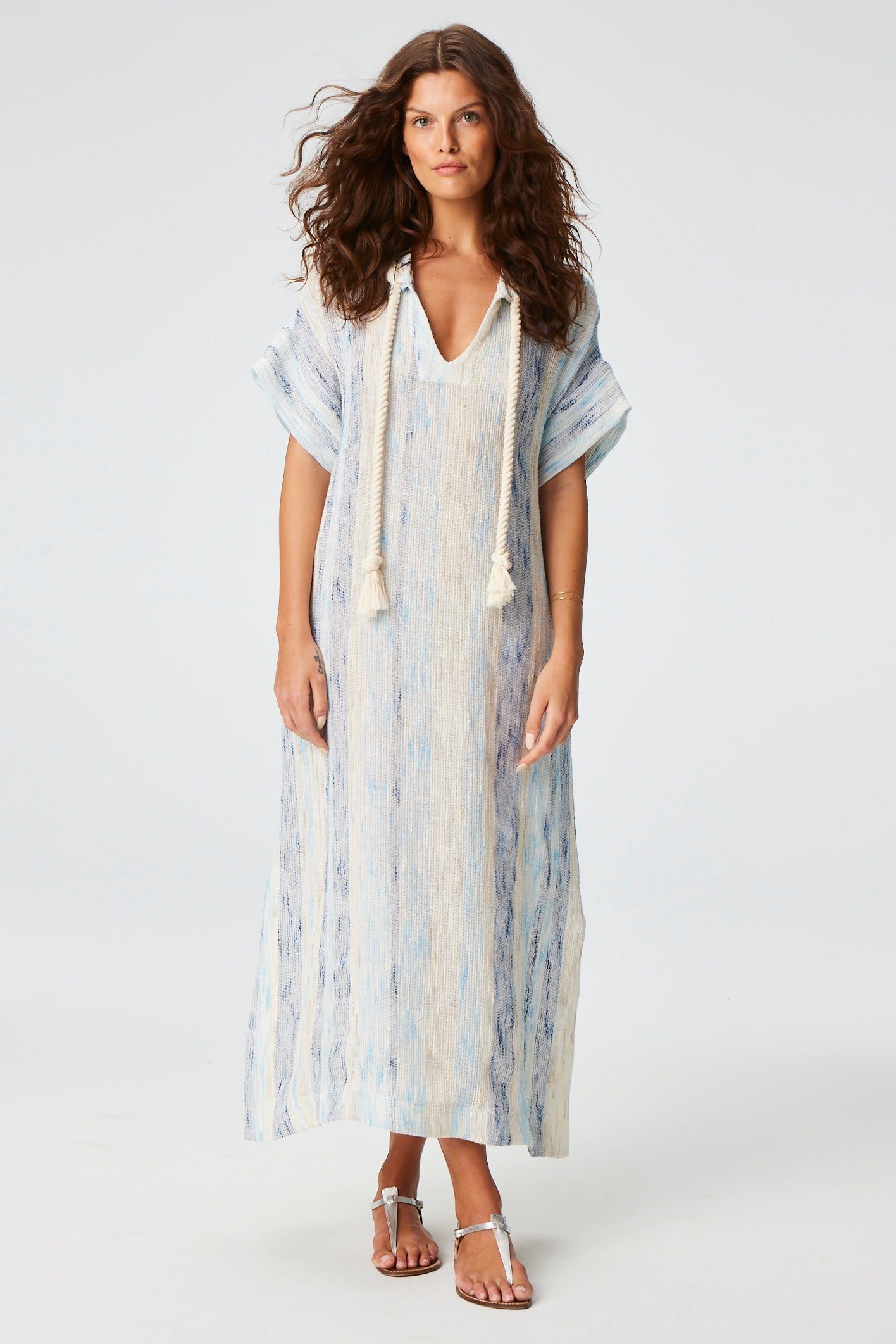 THE DRAWSTRING HOODED CAFTAN in SEA STRIPED GAUZE