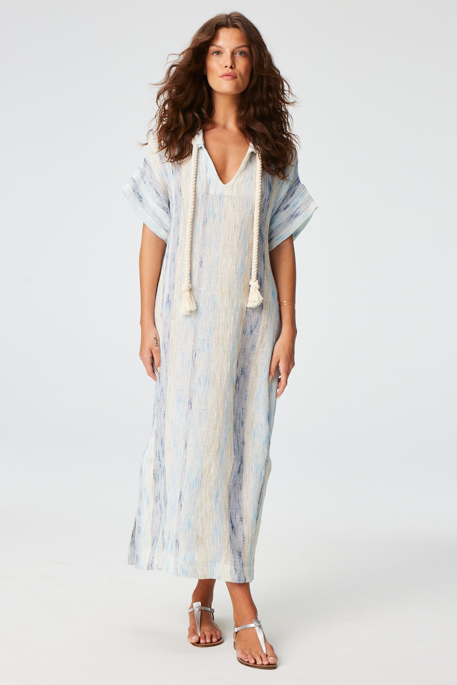 THE DRAWSTRING HOODED CAFTAN in SEA STRIPED GAUZE