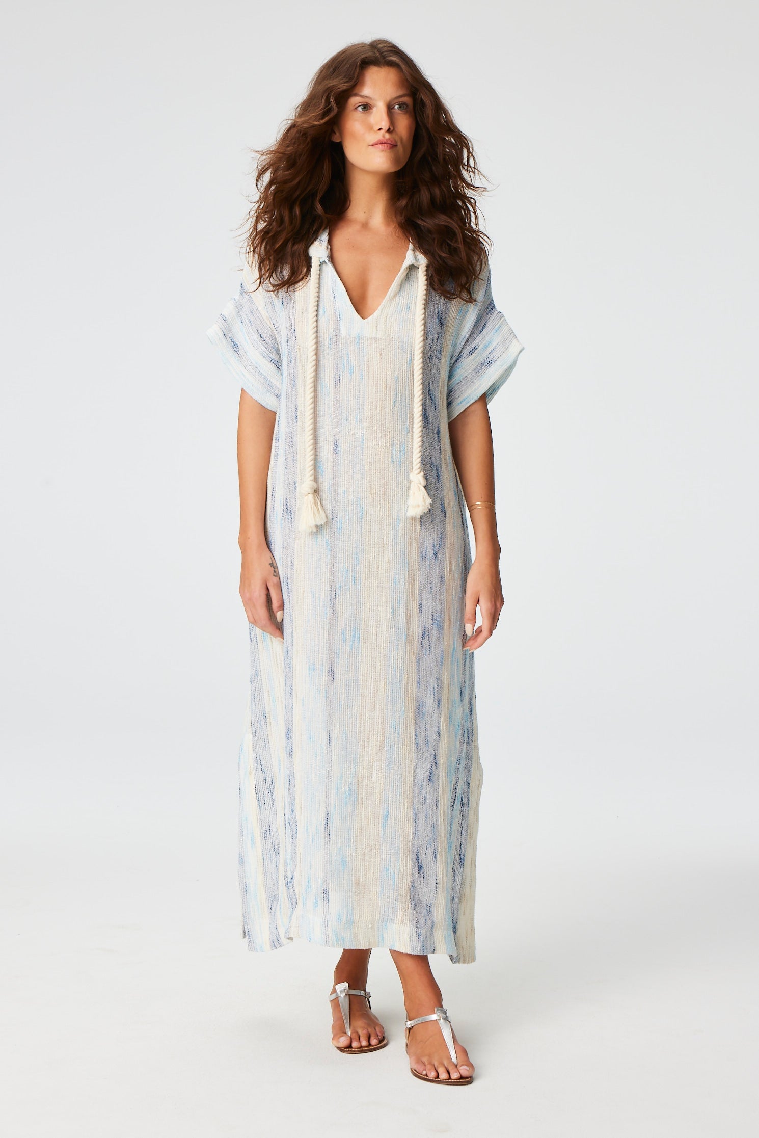 THE DRAWSTRING HOODED CAFTAN in SEA STRIPED GAUZE