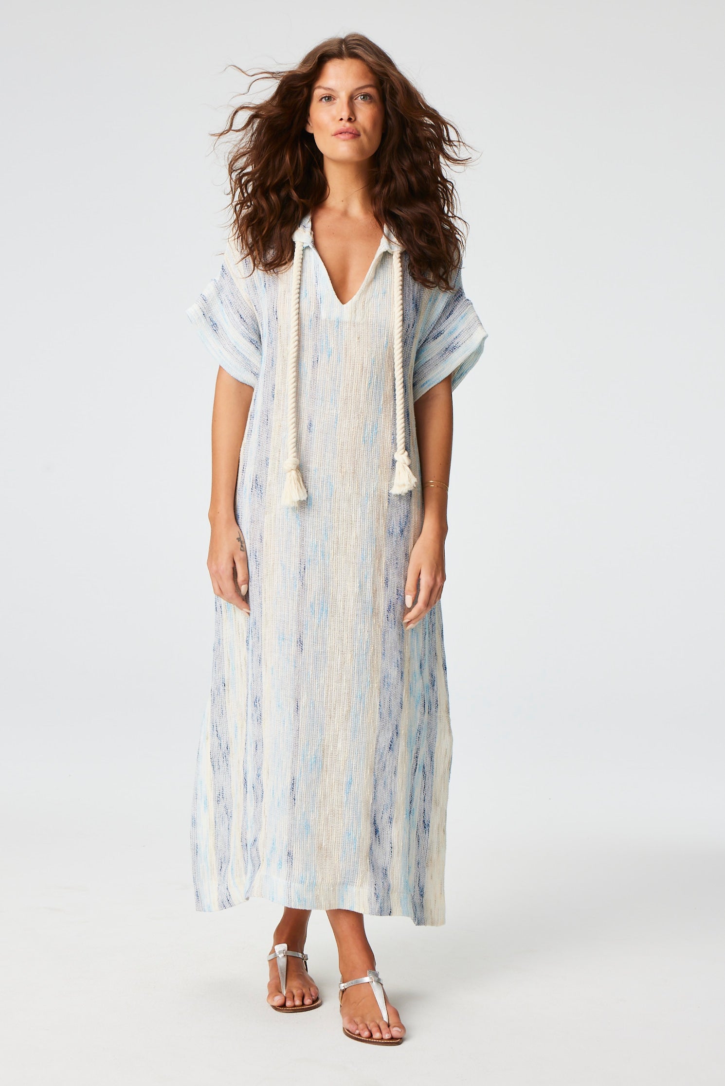 THE DRAWSTRING HOODED CAFTAN in SEA STRIPED GAUZE