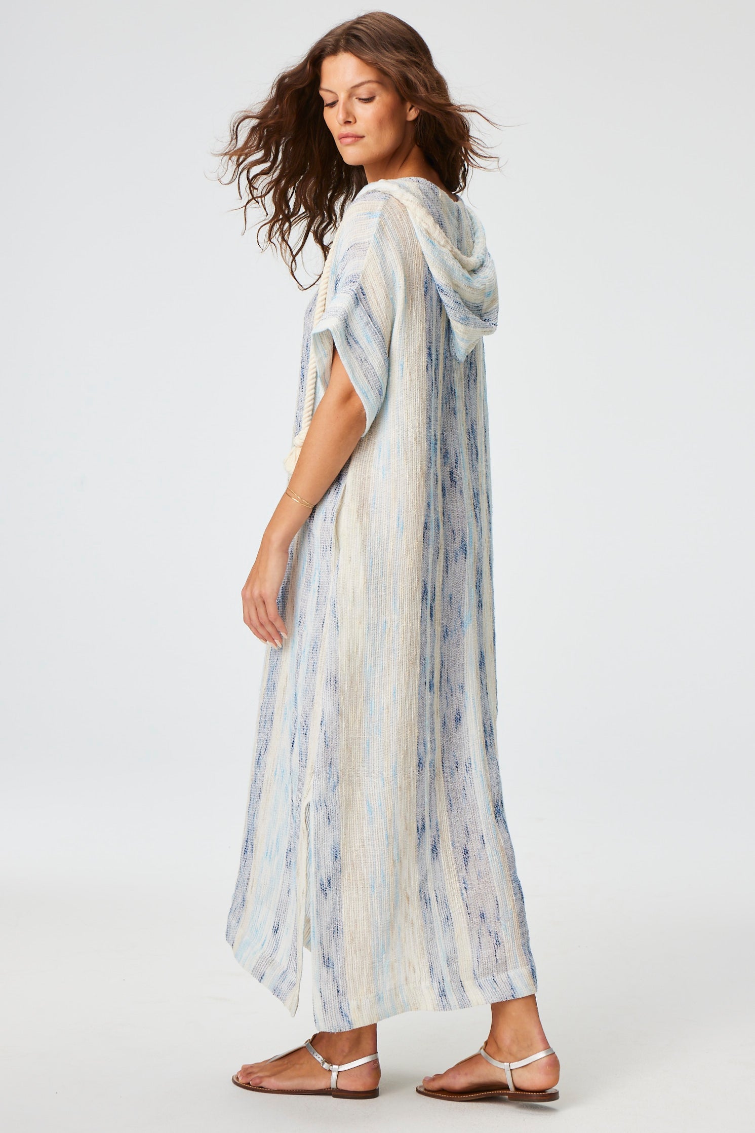 THE DRAWSTRING HOODED CAFTAN in SEA STRIPED GAUZE