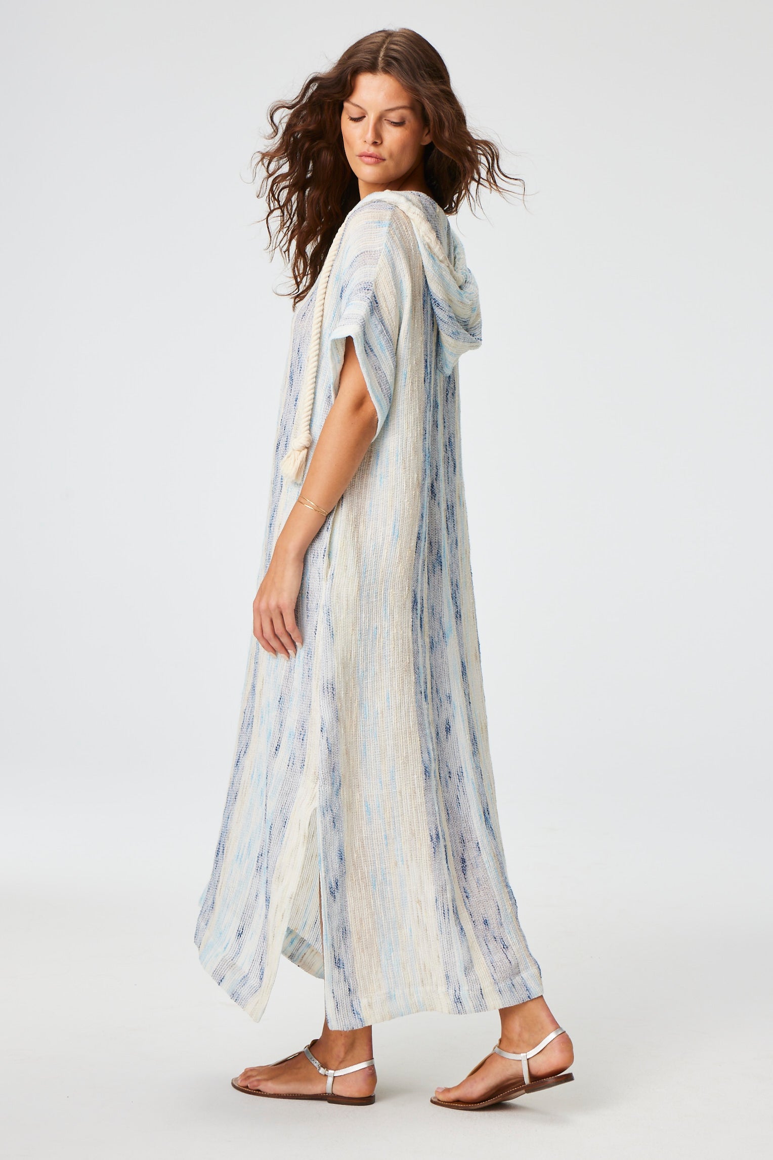 THE DRAWSTRING HOODED CAFTAN in SEA STRIPED GAUZE