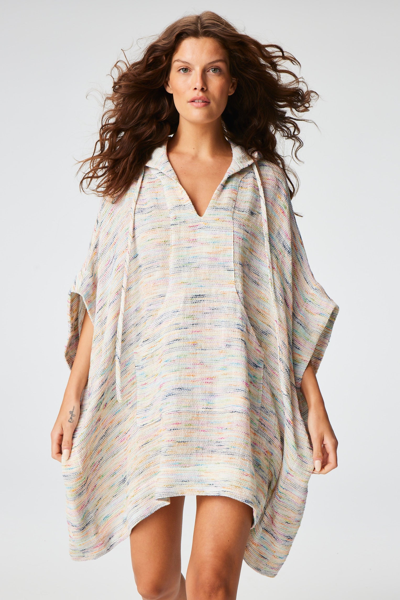 THE HOODED PONCHO in RAINBOW STRIPED GAUZE