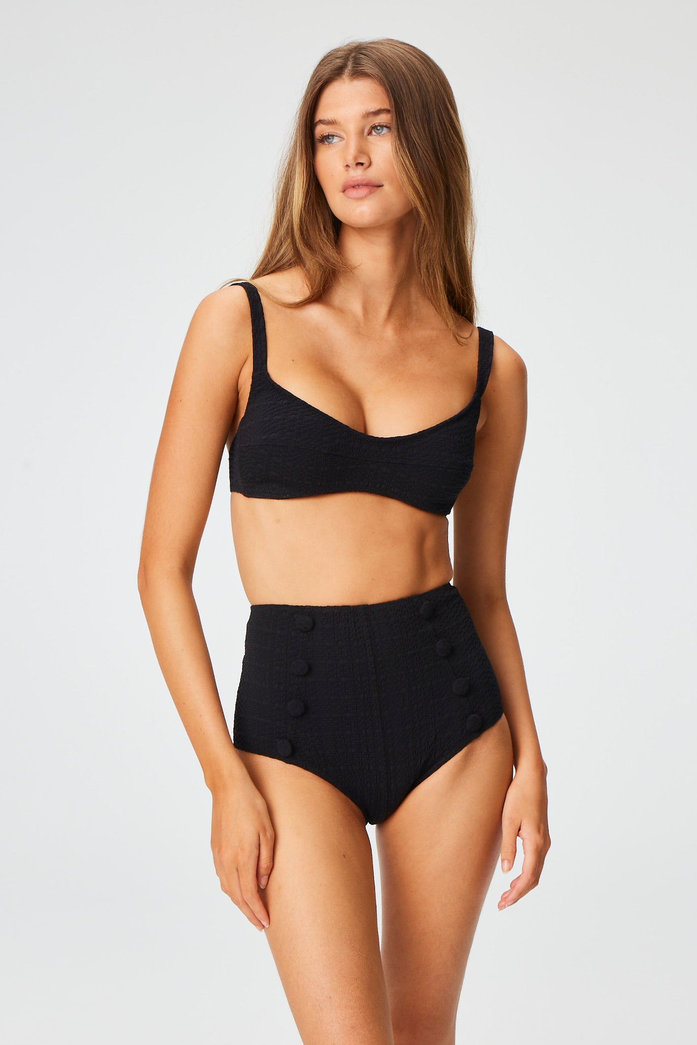 THE BALCONETTE HIGH-WAIST BIKINI in BLACK SEERSUCKER
