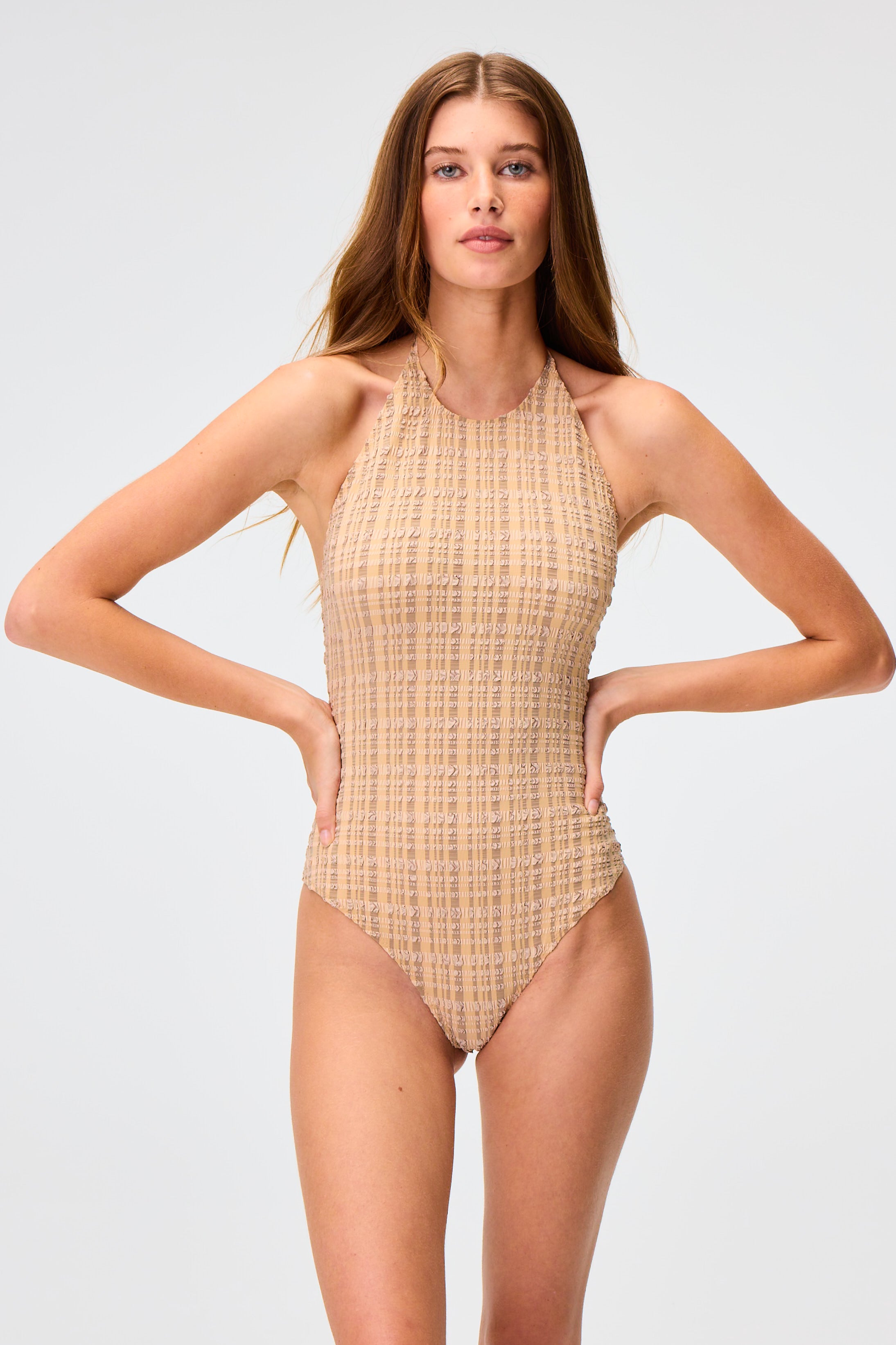 THE HALTER MAILLOT in NATURAL/SAND STRIPED SEERSUCKER