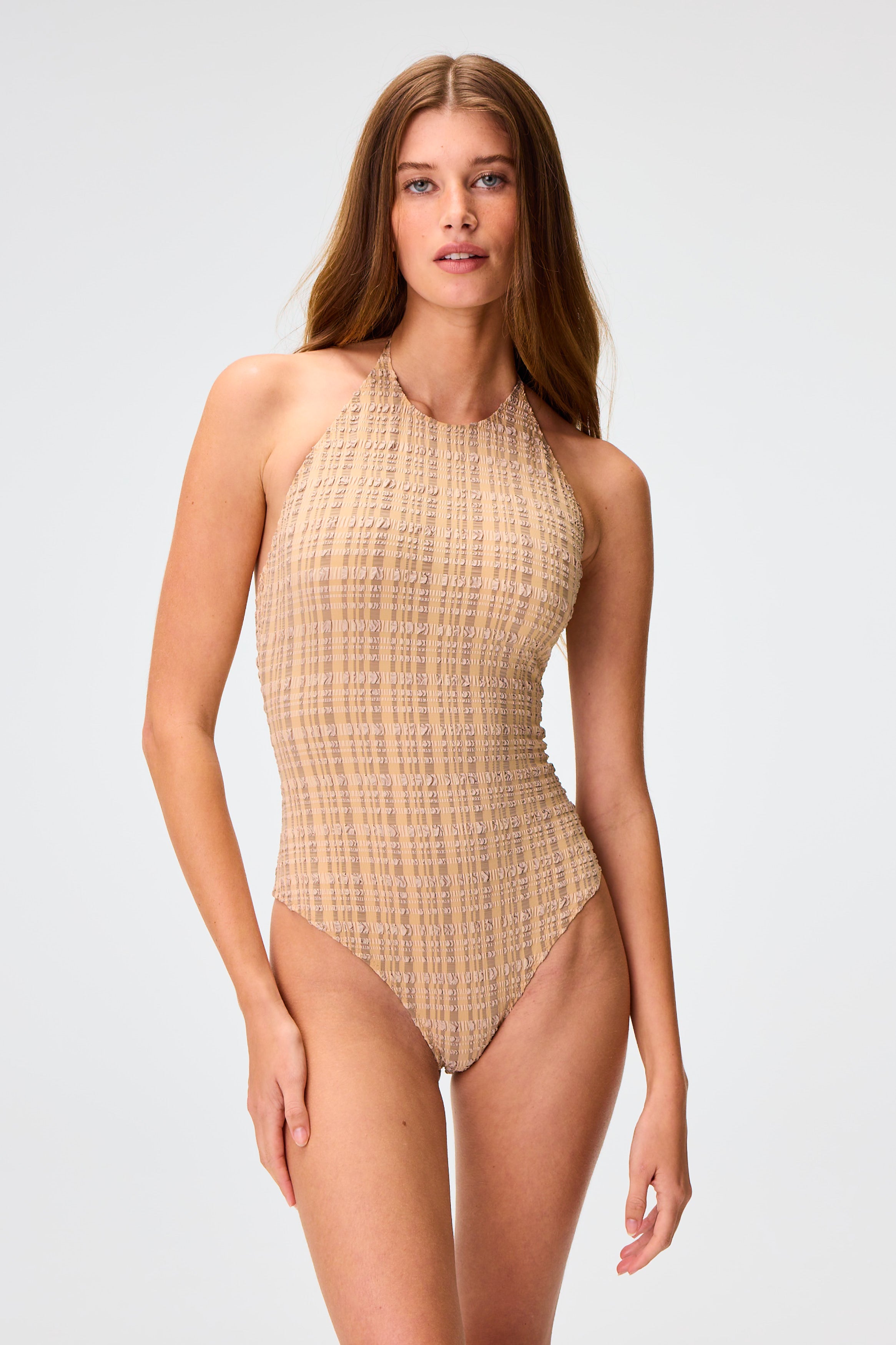 THE HALTER MAILLOT in NATURAL/SAND STRIPED SEERSUCKER