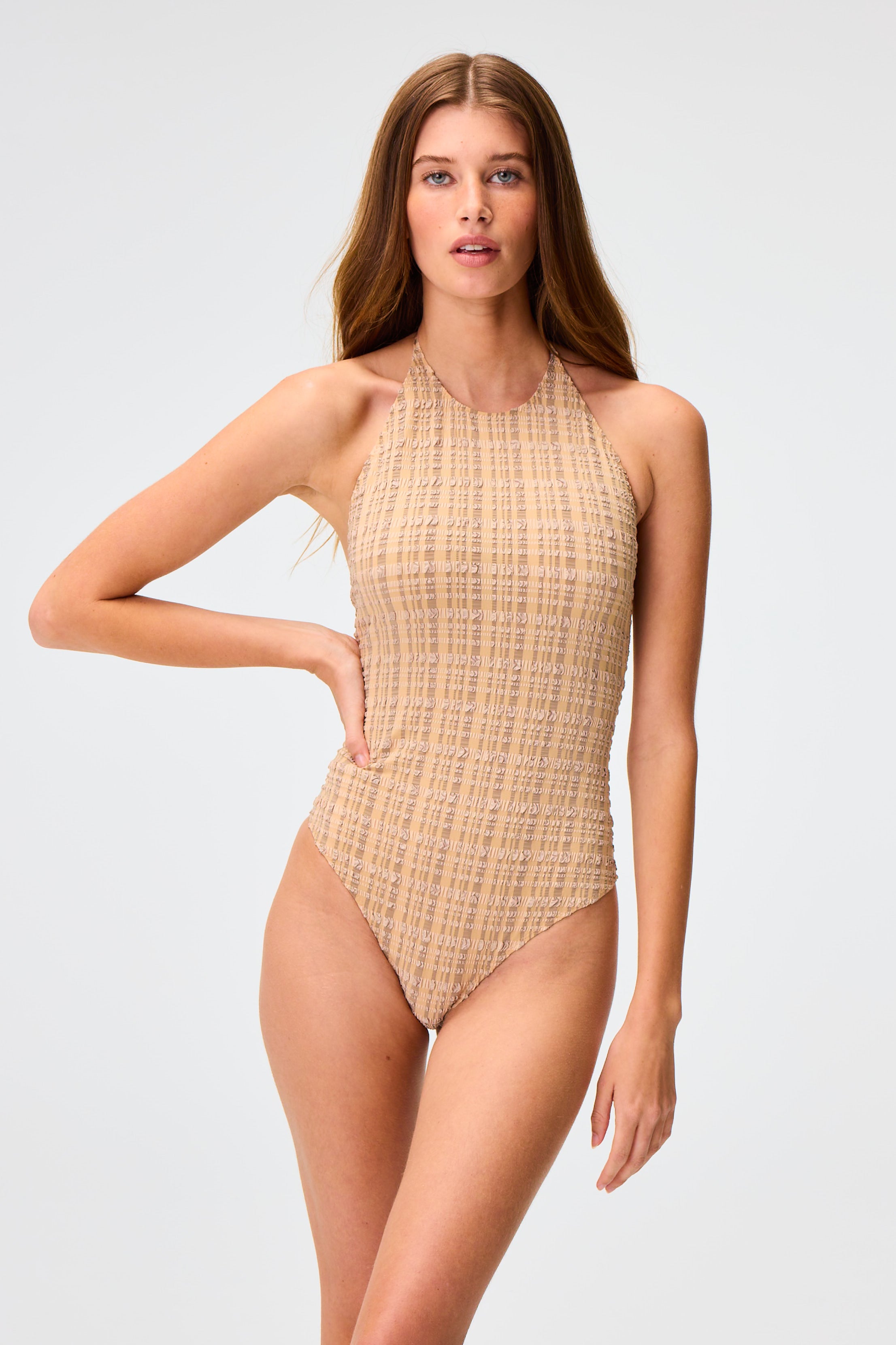 THE HALTER MAILLOT in NATURAL/SAND STRIPED SEERSUCKER