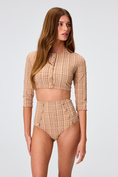 THE CARDIGAN in NATURAL/SAND STRIPED SEERSUCKER