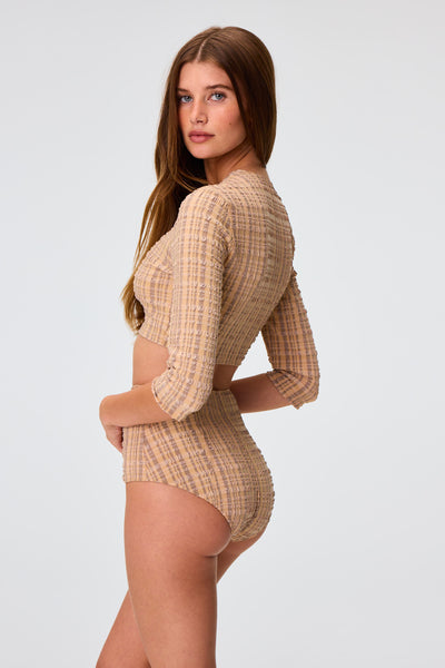 THE CARDIGAN in NATURAL/SAND STRIPED SEERSUCKER