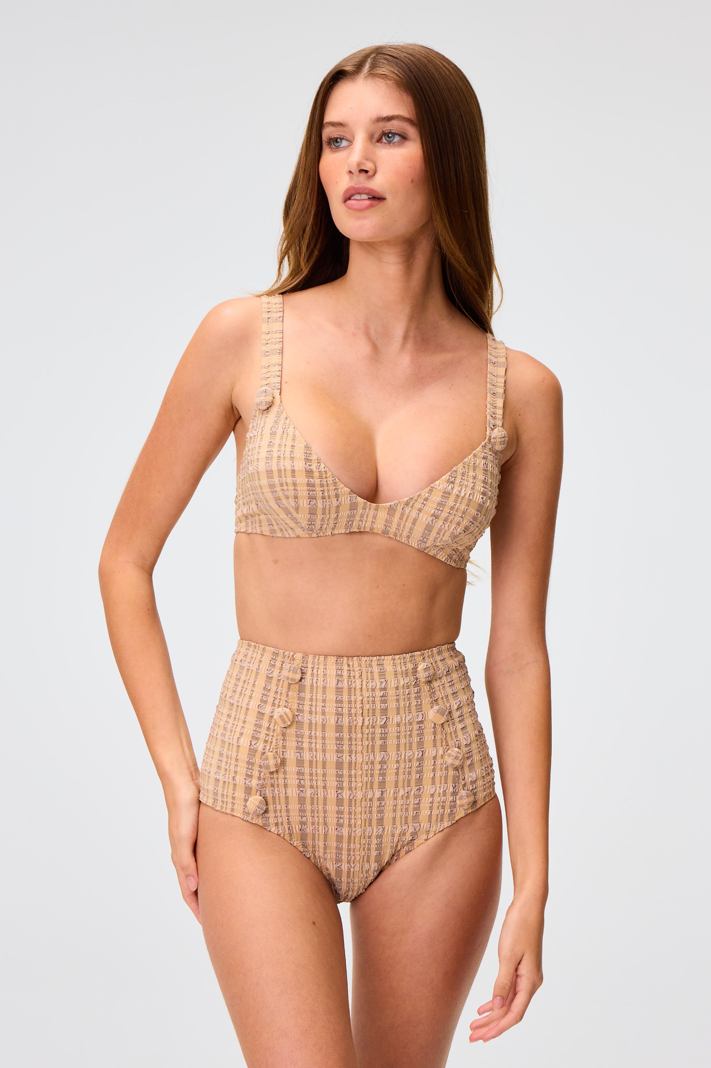 THE MAGDALENA HIGH-WAIST BIKINI in NATURAL/SAND STRIPED SEERSUCKER