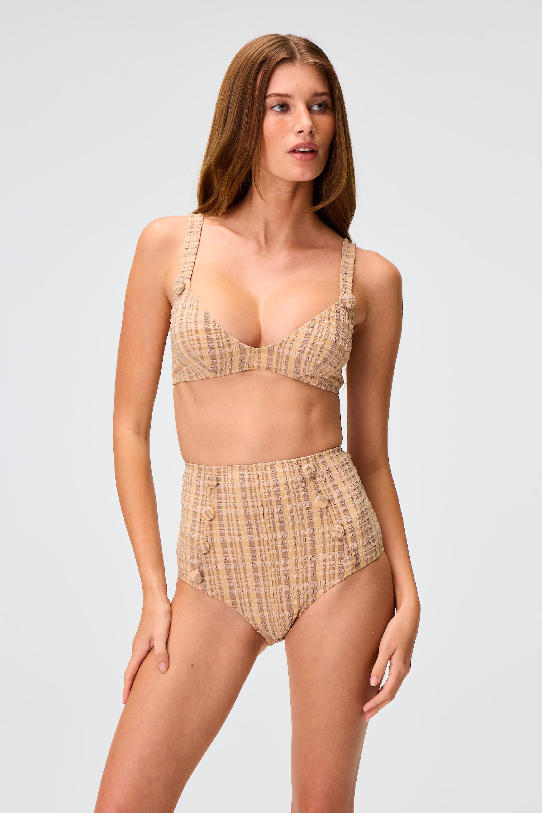 THE MAGDALENA HIGH-WAIST BIKINI in NATURAL/SAND STRIPED SEERSUCKER