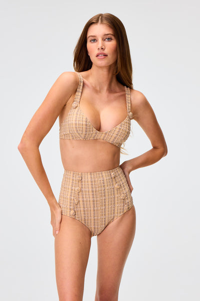 THE MAGDALENA HIGH-WAIST BIKINI in NATURAL/SAND STRIPED SEERSUCKER