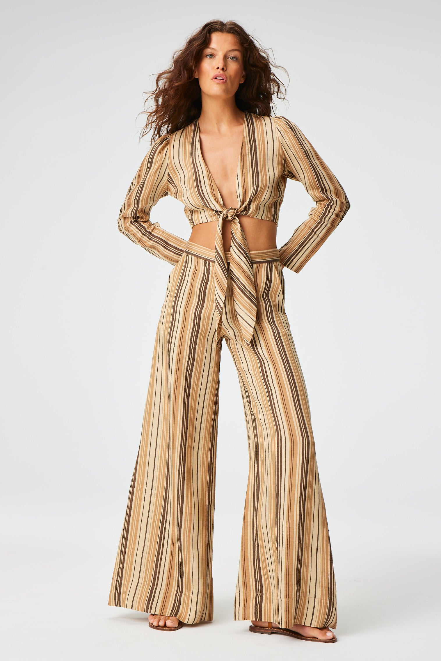 THE LOW-WAIST WIDE LEG PANT in SAND STRIPED LINEN