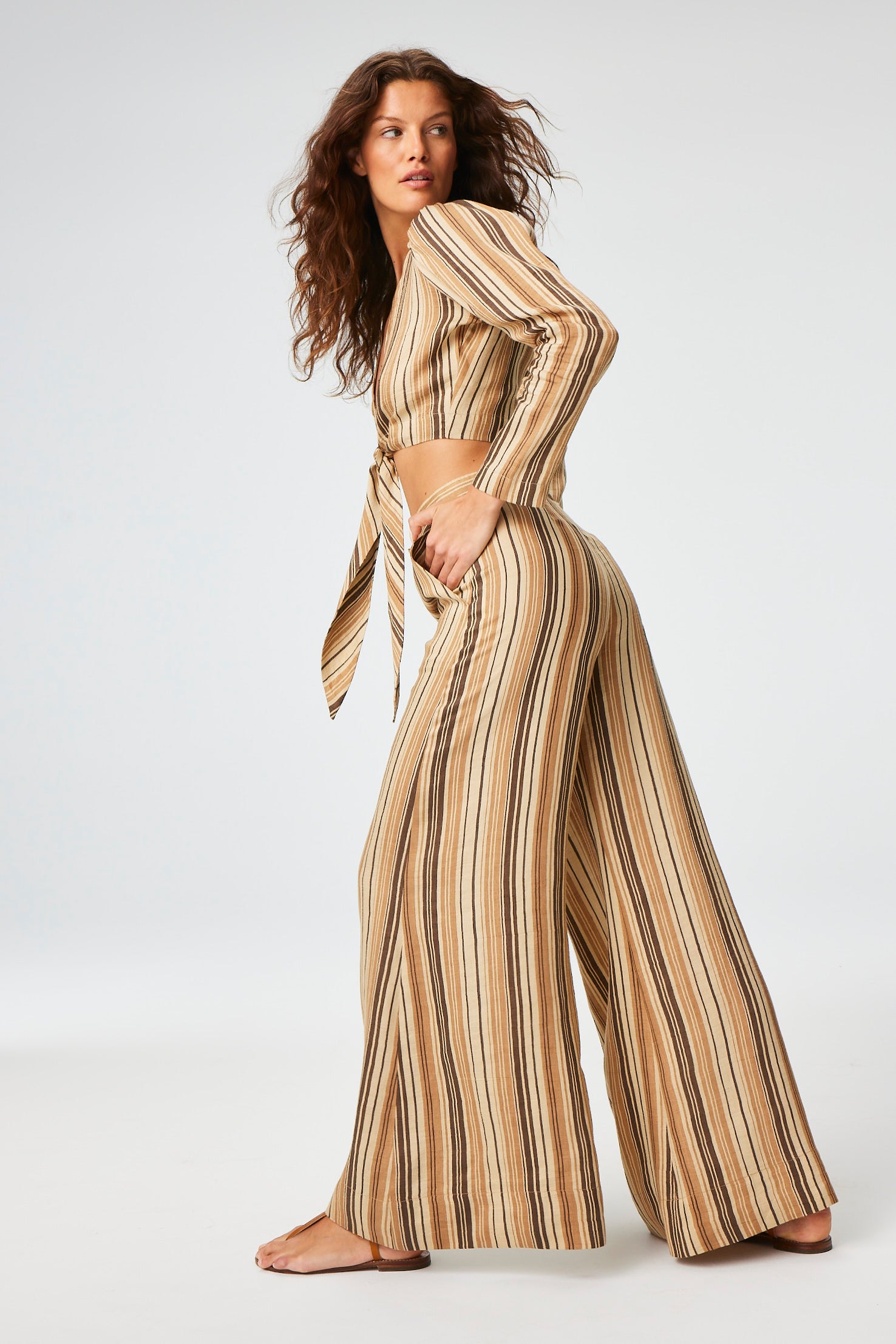 THE TIE BLOUSE in SAND STRIPED LINEN