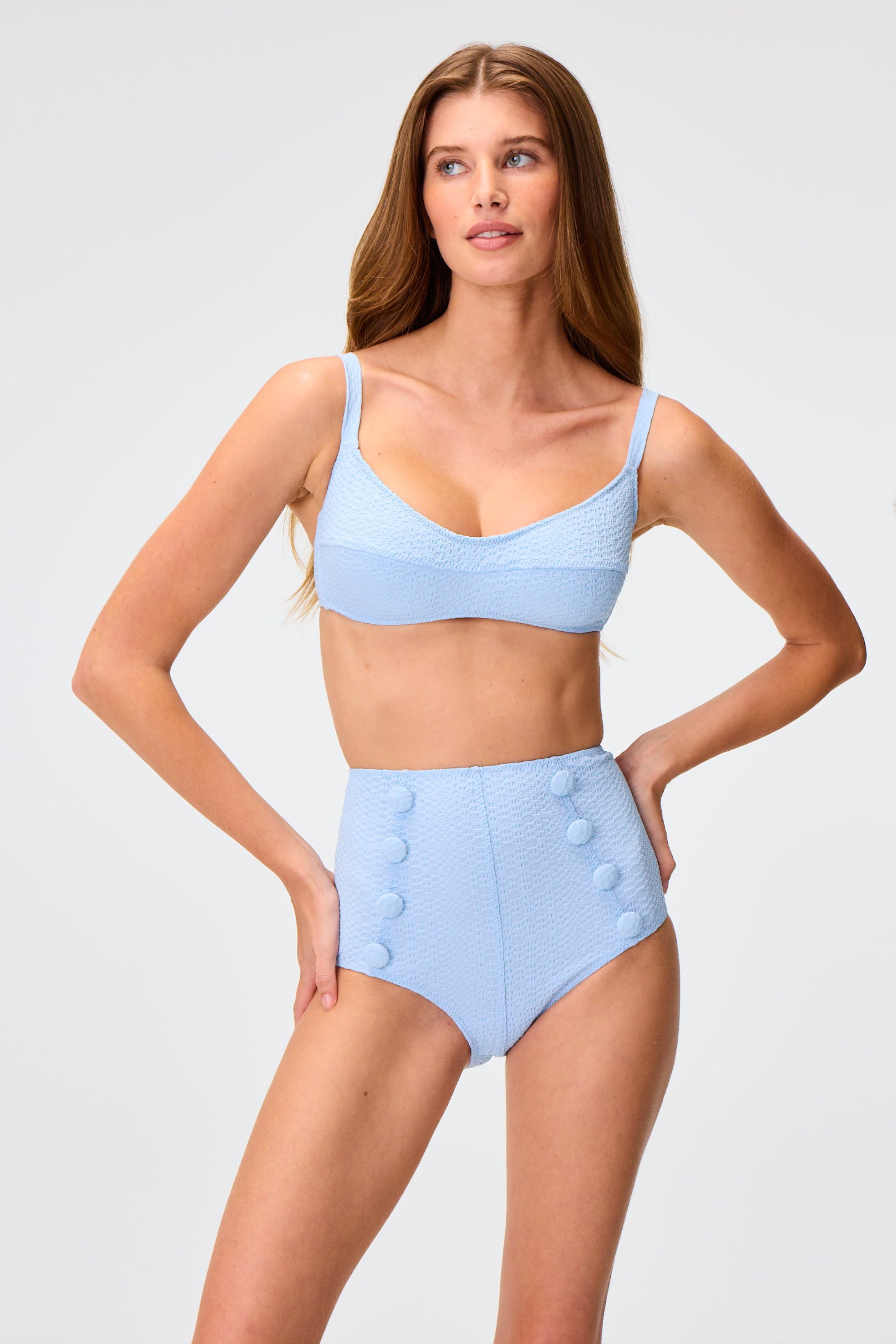 THE BALCONETTE HIGH-WAIST BIKINI in SEA BLUE SEERSUCKER