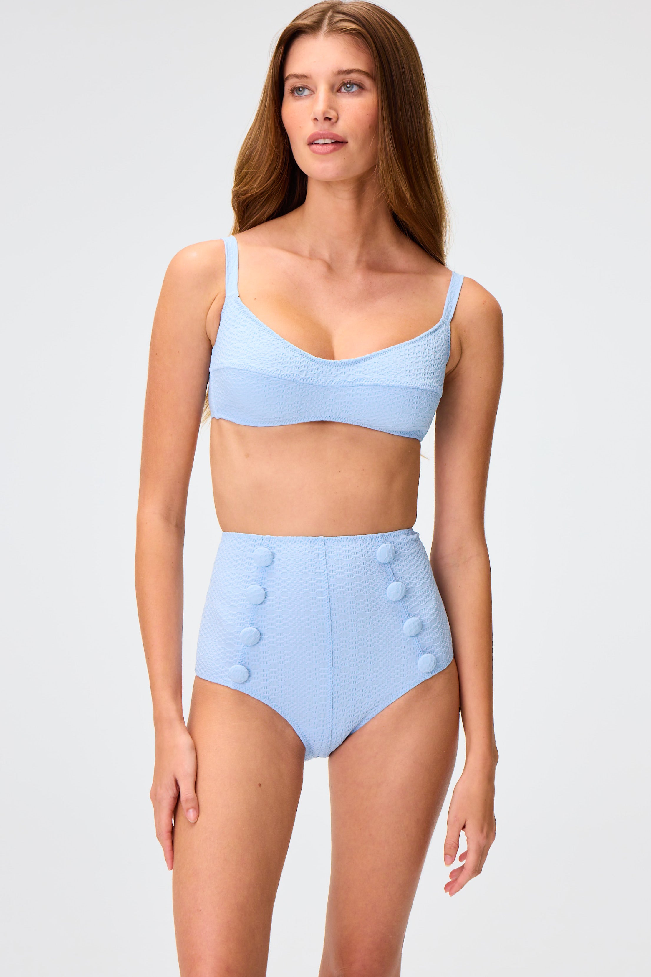 THE BALCONETTE HIGH-WAIST BIKINI in SEA BLUE SEERSUCKER