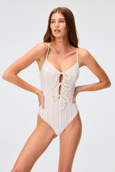 THE THREE TIE MAILLOT in WHITE/SAND STRIPED SEERSUCKER