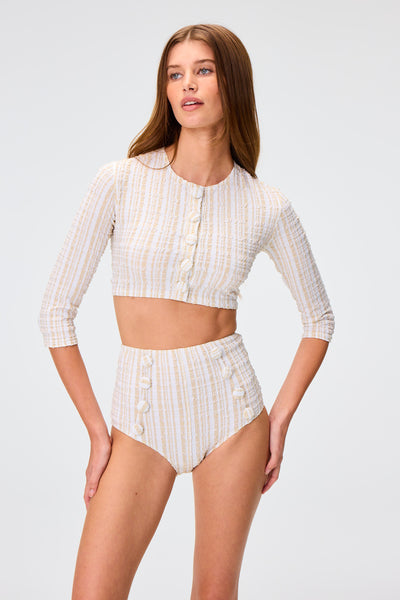 THE CARDIGAN in WHITE/SAND STRIPED SEERSUCKER