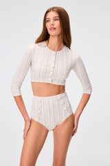 THE CARDIGAN in WHITE & SAND STRIPED SEERSUCKER – Lisa Marie Fernandez