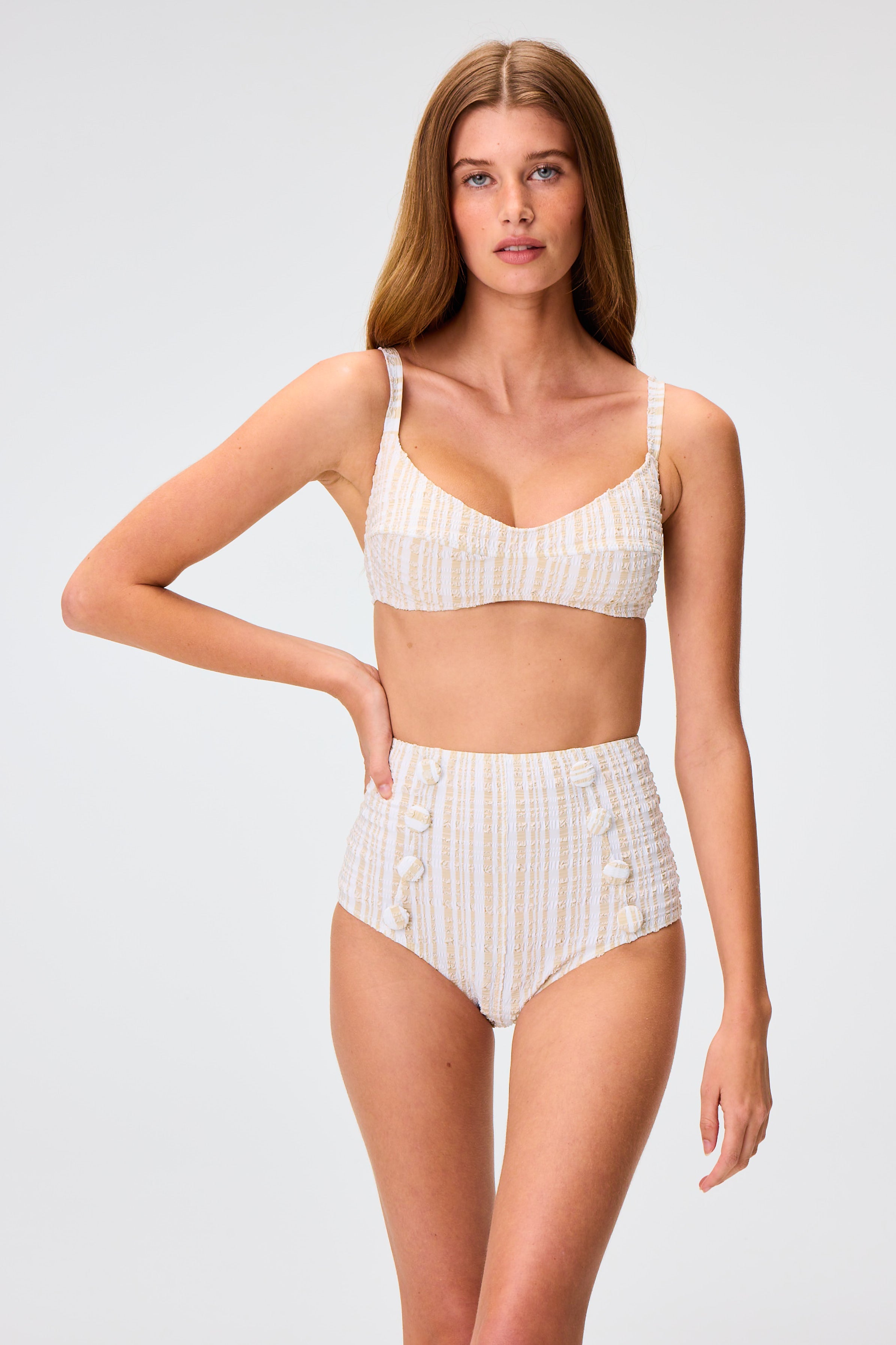 THE BALCONETTE HIGH-WAIST BIKINI in WHITE/SAND STRIPED SEERSUCKER