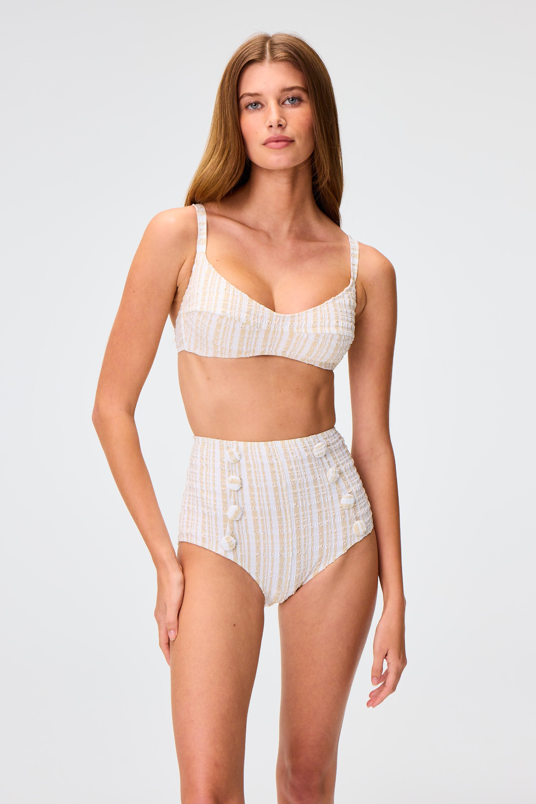 THE BALCONETTE HIGH-WAIST BIKINI in WHITE/SAND STRIPED SEERSUCKER