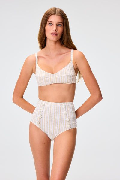 THE BALCONETTE HIGH-WAIST BIKINI in WHITE/SAND STRIPED SEERSUCKER