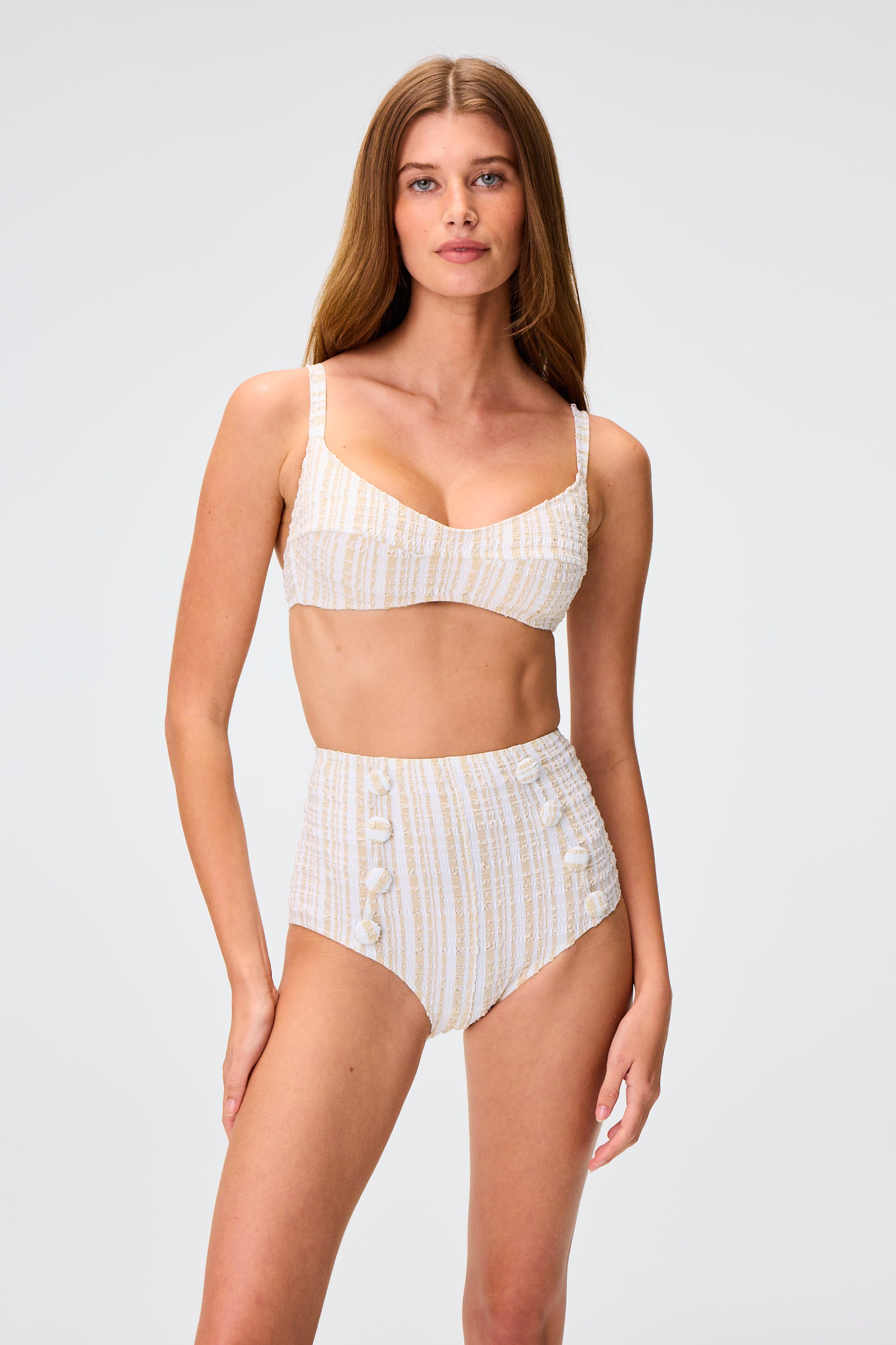 THE BALCONETTE HIGH-WAIST BIKINI in WHITE/SAND STRIPED SEERSUCKER