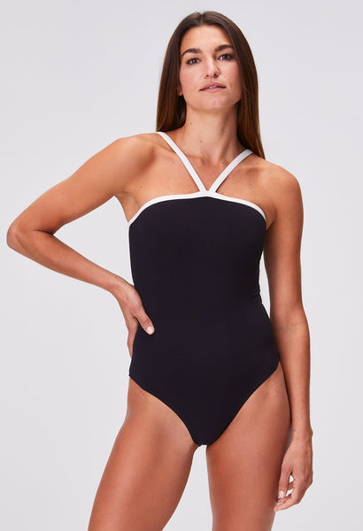 THE BANDEAU MAILLOT in BLACK & CREAM CREPE