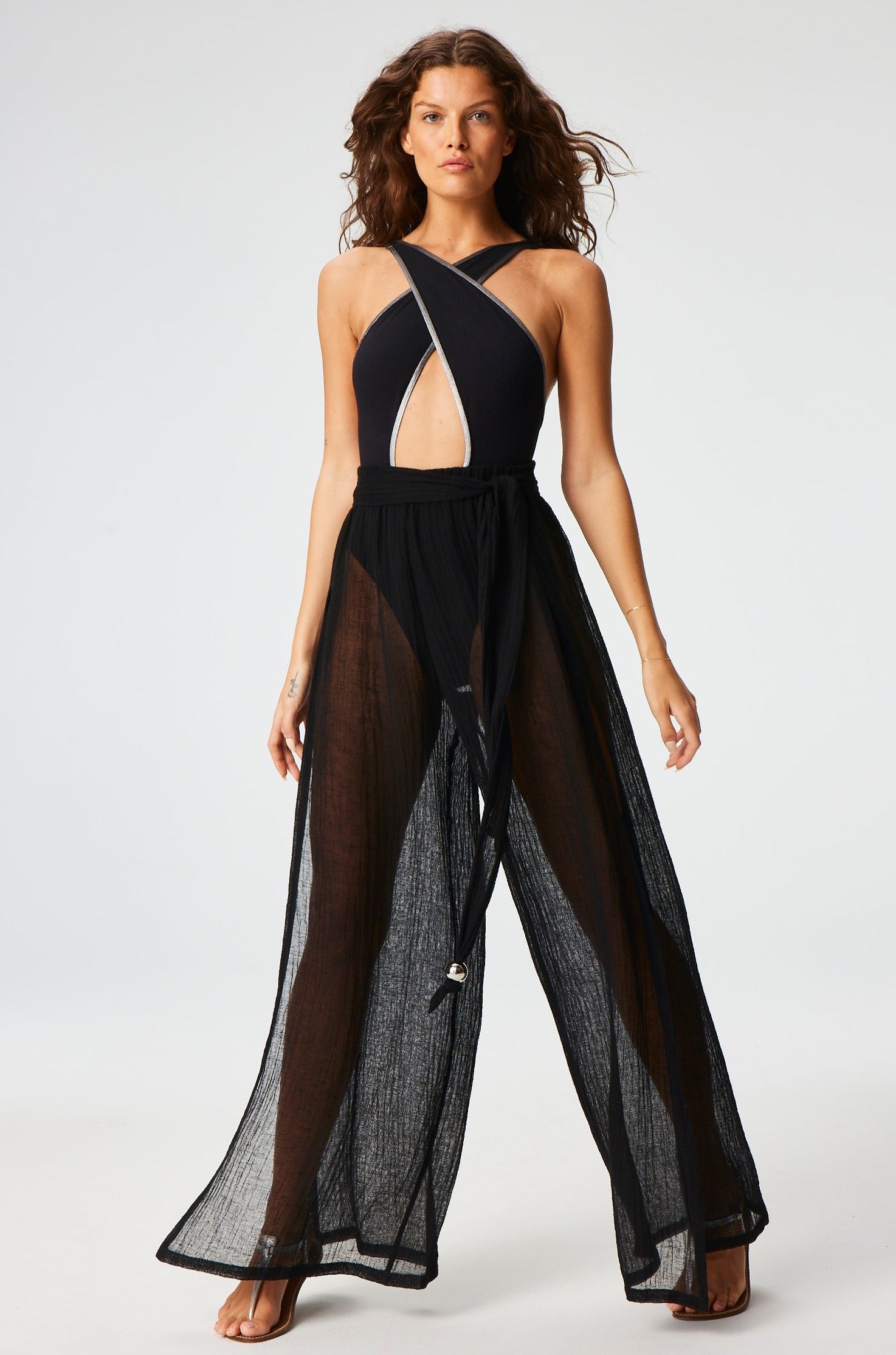 THE WIDE LEG OPEN-SIDE PANT in BLACK SORRENTO GAUZE