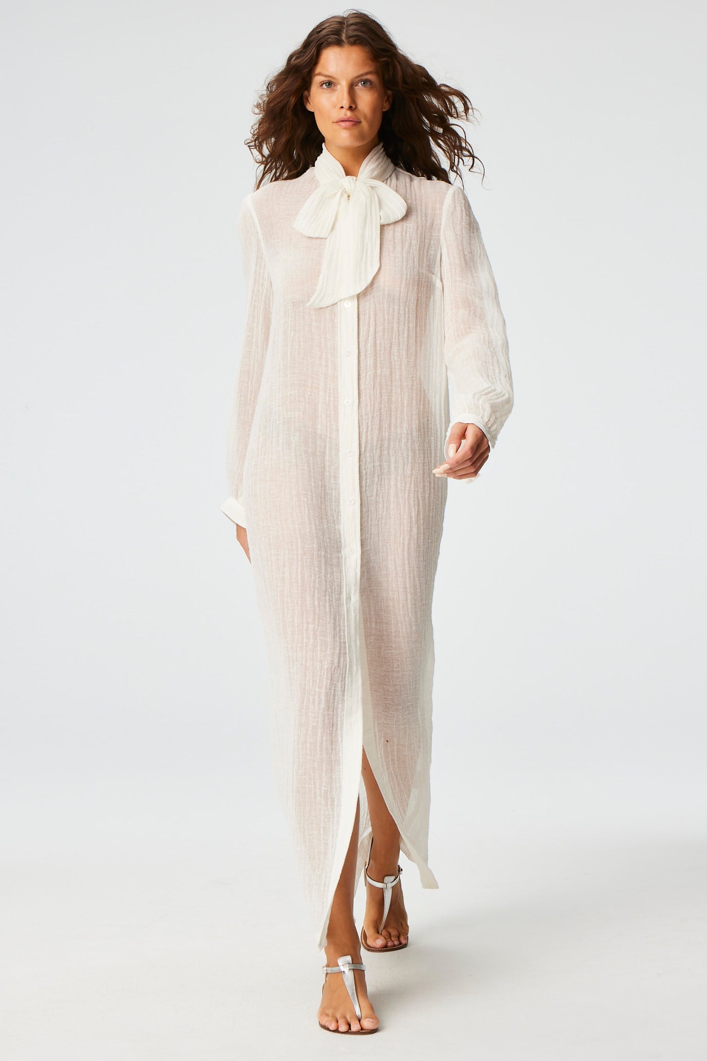 THE PUSSY BOW SHIRT DRESS in WHITE SORRENTO GAUZE