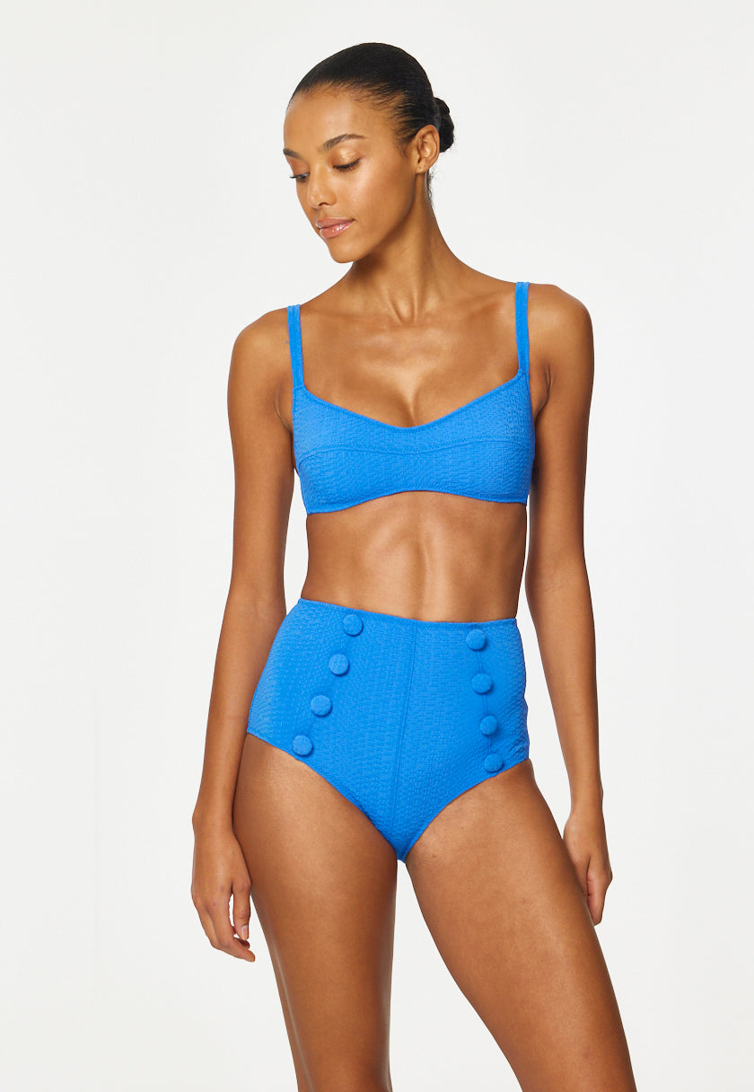 THE BALCONETTE HIGH-WAIST BIKINI in COBALT BLUE SEERSUCKER