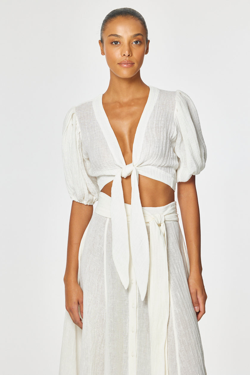 THE POUF TIE BLOUSE in WHITE GAUZE