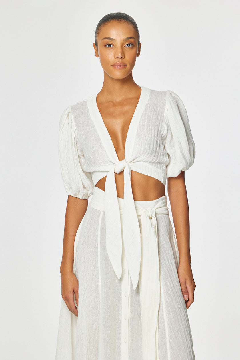 THE POUF TIE BLOUSE in WHITE GAUZE