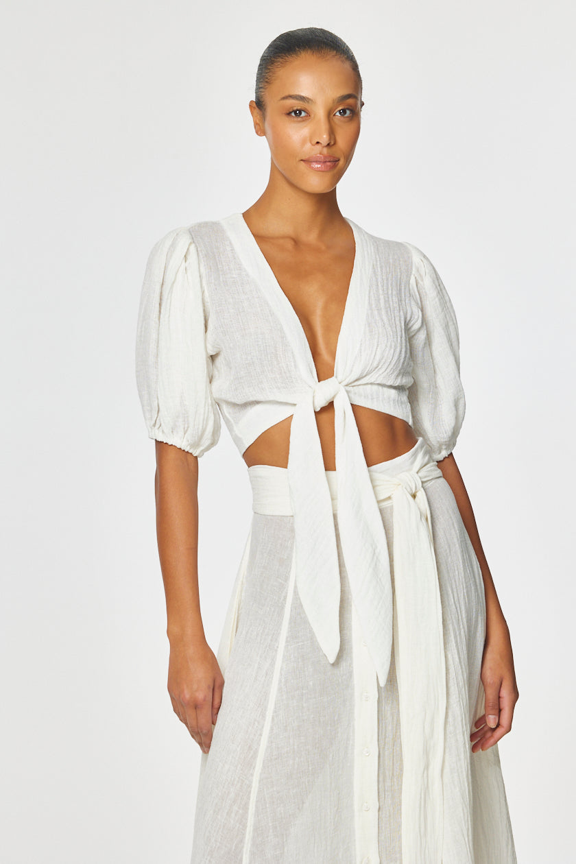 THE POUF TIE BLOUSE in WHITE GAUZE
