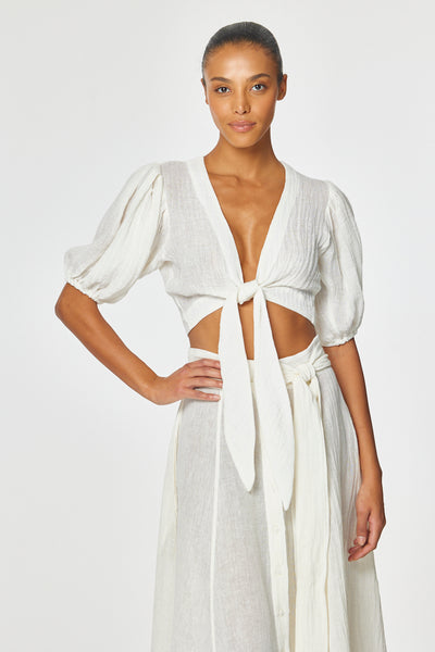 THE POUF TIE BLOUSE in WHITE GAUZE