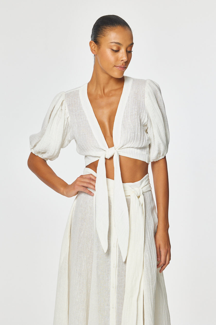 THE POUF TIE BLOUSE in WHITE GAUZE