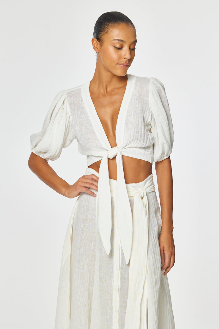 THE POUF TIE BLOUSE in WHITE GAUZE