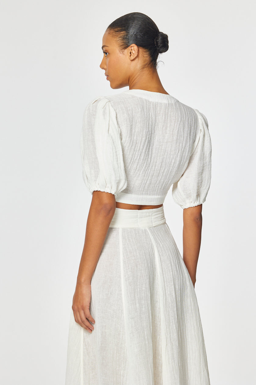 THE POUF TIE BLOUSE in WHITE GAUZE
