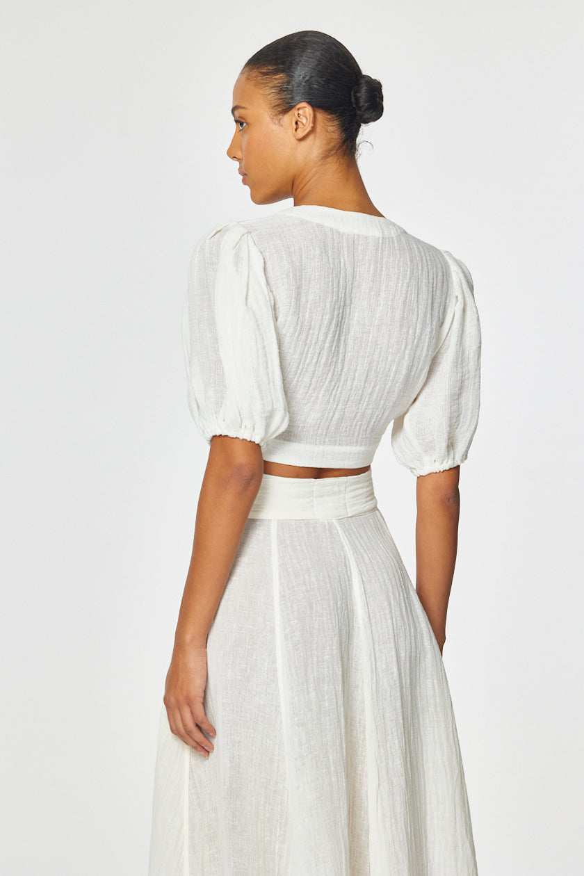 THE POUF TIE BLOUSE in WHITE GAUZE