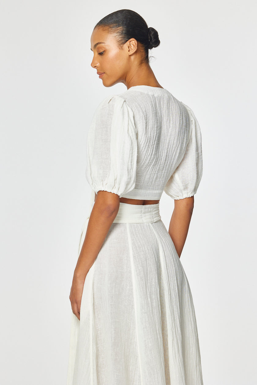 THE POUF TIE BLOUSE in WHITE GAUZE