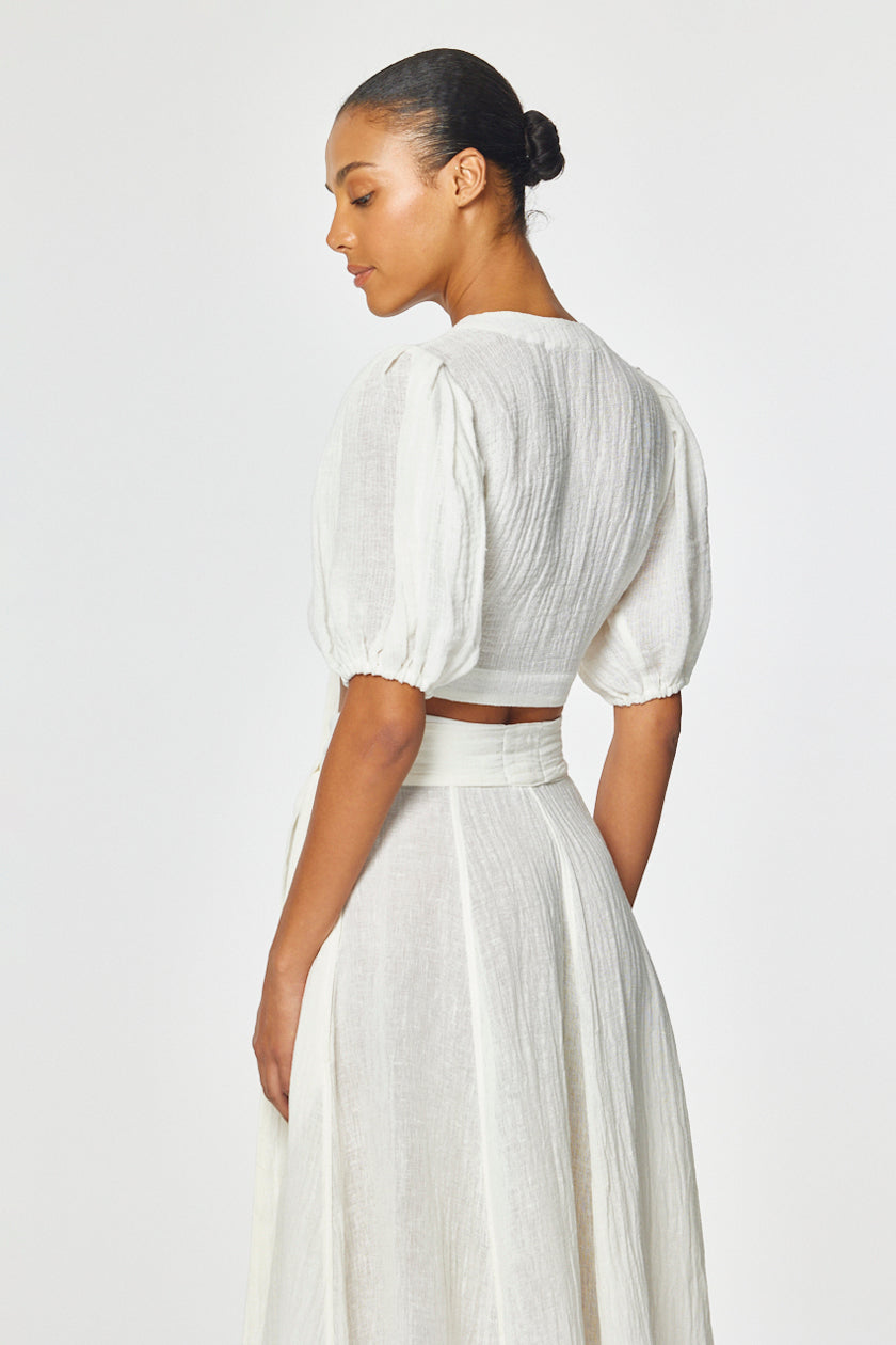 THE POUF TIE BLOUSE in WHITE GAUZE
