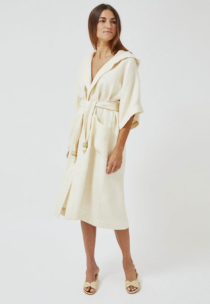 HOODED SAND HONEYCOMB LINEN DRESSING GOWN LONG