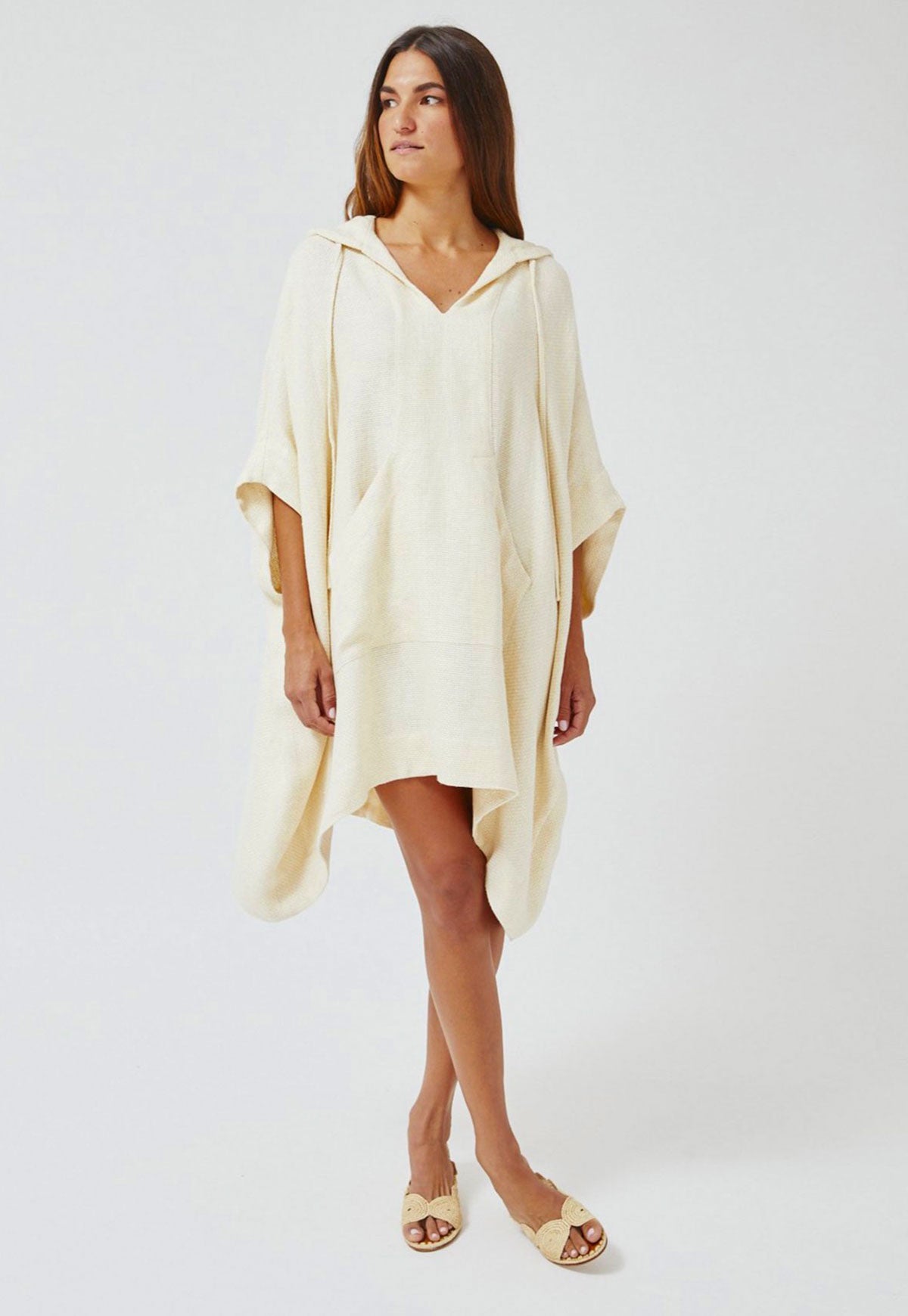 SAND HONEYCOMB LINEN HOODED PONCHO