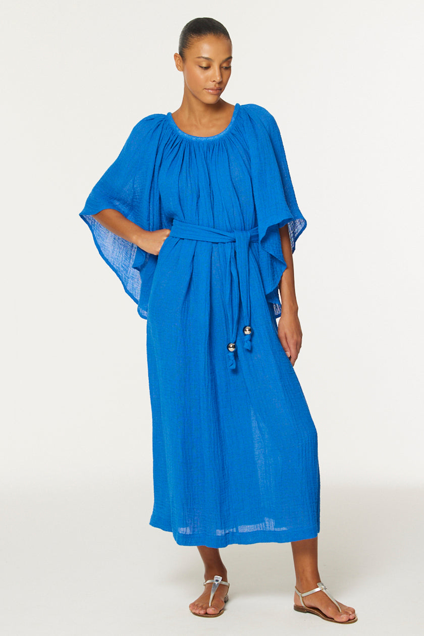 THE ANGEL SLEEVE DRESS in COBALT BLUE GAUZE