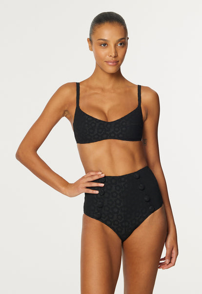 THE BALCONETTE HIGH-WAIST BIKINI in BLACK SIXTIES FLORAL JACQUARD
