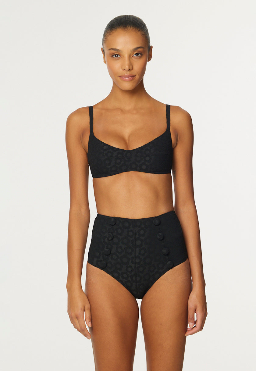THE BALCONETTE HIGH-WAIST BIKINI in BLACK SIXTIES FLORAL JACQUARD