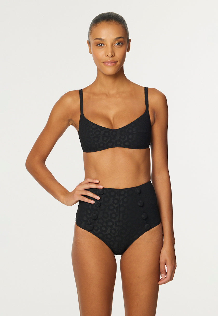 THE BALCONETTE HIGH-WAIST BIKINI in BLACK SIXTIES FLORAL JACQUARD