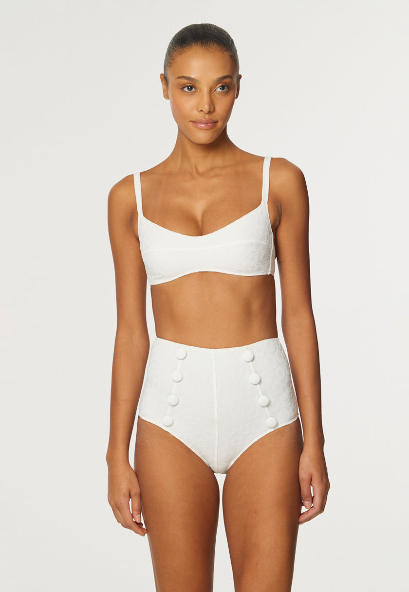 THE BALCONETTE HIGH-WAIST BIKINI in WHITE SIXTIES FLORAL JACQUARD