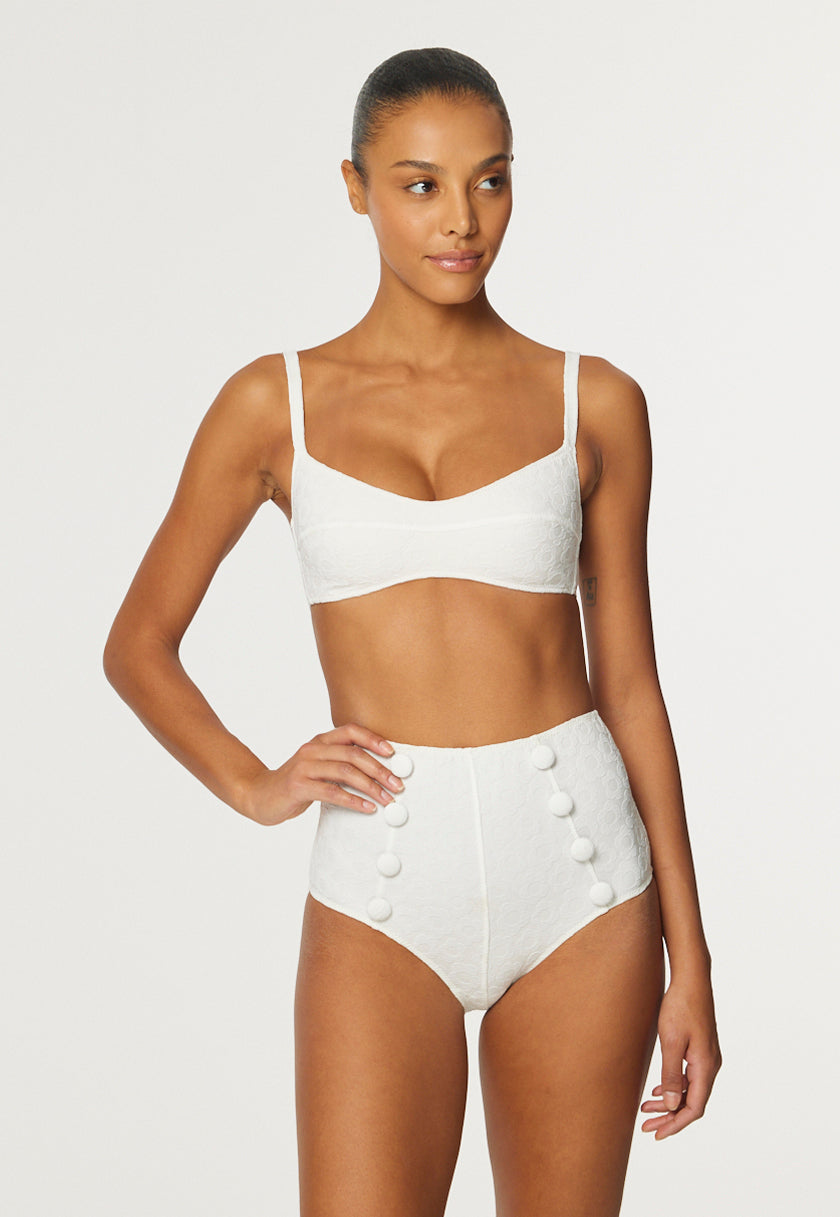 THE BALCONETTE HIGH-WAIST BIKINI in WHITE SIXTIES FLORAL JACQUARD
